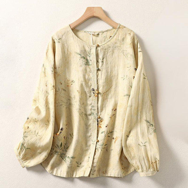 Buddha Stones Commute Chinese Frog-Button Long Lantern Sleeve Women's Cotton Linen Shirt - LemonChiffon - US12，UK/AU16，EU44 (2XL) - image 1