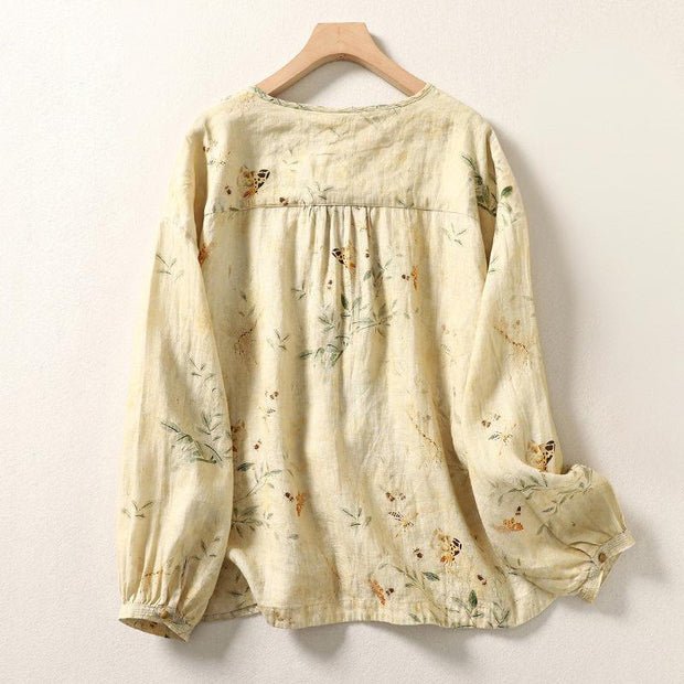 Buddha Stones Commute Chinese Frog-Button Long Lantern Sleeve Women's Cotton Linen Shirt - image 2