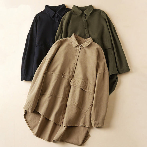 Buddha Stones Fall Irregular Design Long Sleeve Women's Cotton Lapel Shirt With Pockets - image 20