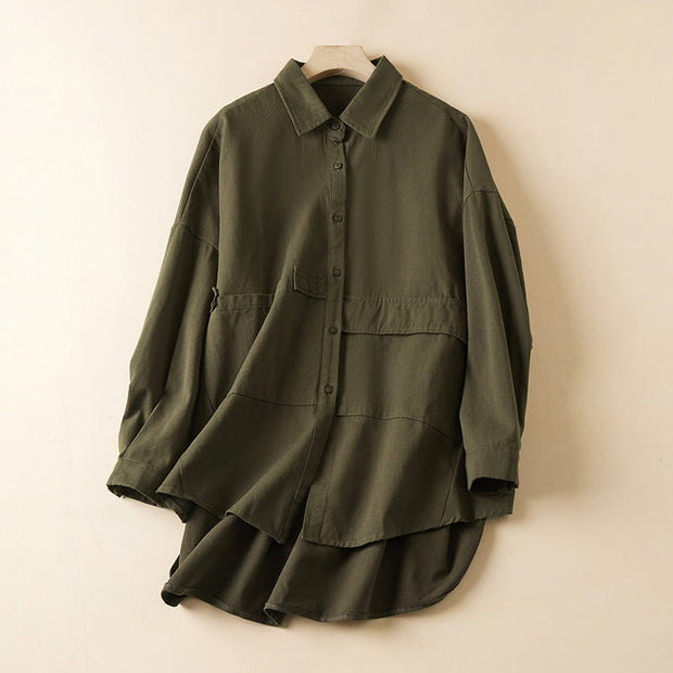 Buddha Stones Fall Irregular Design Long Sleeve Women's Cotton Lapel Shirt With Pockets - DarkOliveGreen - US14，UK/AU18，EU46 (2XL) - image 10