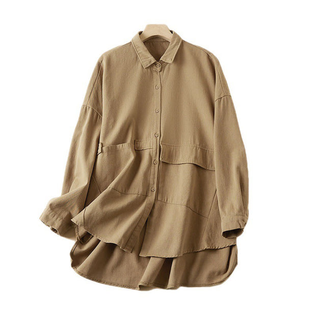 Buddha Stones Fall Irregular Design Long Sleeve Women's Cotton Lapel Shirt With Pockets - image 9