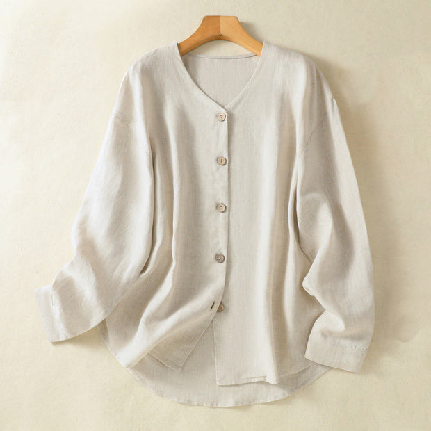 Buddha Stones Casual Spring Plain Buttons Design V-Neck Long Sleeve Women's Cotton Linen Shirt - Linen - US14，UK/AU18，EU46 (2XL) - image 1
