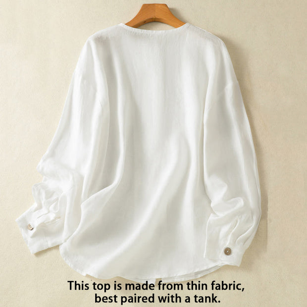 Buddha Stones Casual Spring Plain Buttons Design V-Neck Long Sleeve Women's Cotton Linen Shirt - image 11