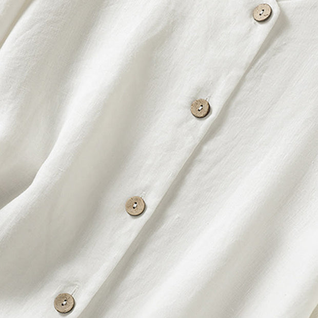 Buddha Stones Casual Spring Plain Buttons Design V-Neck Long Sleeve Women's Cotton Linen Shirt - image 15