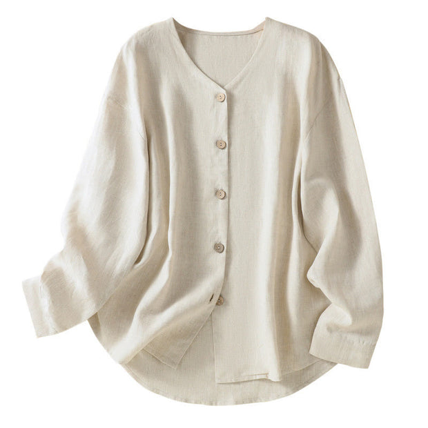 Buddha Stones Casual Spring Plain Buttons Design V-Neck Long Sleeve Women's Cotton Linen Shirt - image 9