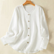 Buddha Stones Casual Spring Plain Buttons Design V-Neck Long Sleeve Women's Cotton Linen Shirt - White - US14，UK/AU18，EU46 (2XL) - image 10