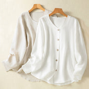 Buddha Stones Casual Spring Plain Buttons Design V-Neck Long Sleeve Women's Cotton Linen Shirt - image 19