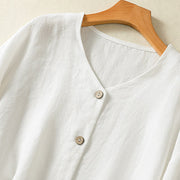 Buddha Stones Casual Spring Plain Buttons Design V-Neck Long Sleeve Women's Cotton Linen Shirt - image 12