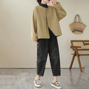 Buddha Stones Spring Plain Asymmetry Design Long Sleeve Women's Cotton Linen Jacket With Pockets - image 5