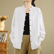 Buddha Stones Casual Solid Color Front Buttons Design Long Sleeve Women's Cotton Linen Jacket - White - US14，UK/AU18，EU46 (2XL) - image 10