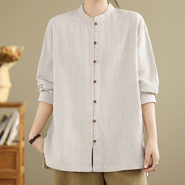 Buddha Stones Casual Solid Color Front Buttons Design Long Sleeve Women's Cotton Linen Jacket - image 5