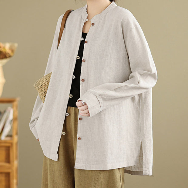 Buddha Stones Casual Solid Color Front Buttons Design Long Sleeve Women's Cotton Linen Jacket - image 2