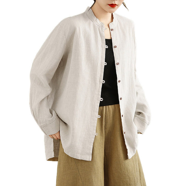 Buddha Stones Casual Solid Color Front Buttons Design Long Sleeve Women's Cotton Linen Jacket - image 9