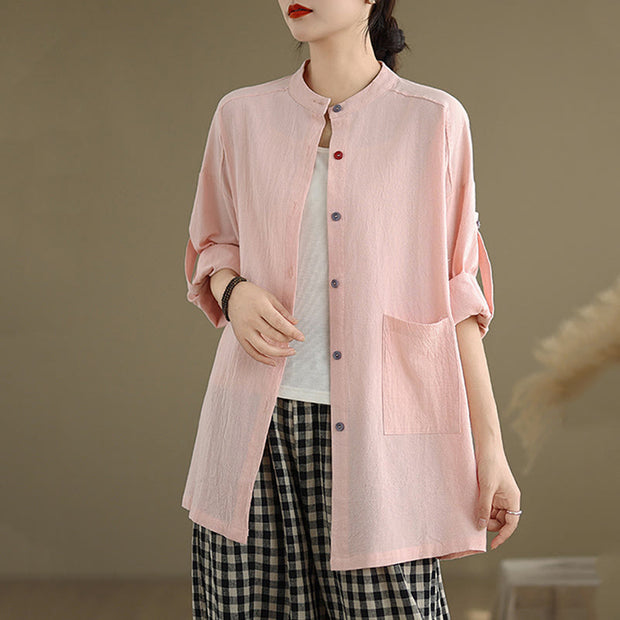 Buddha Stones Commute Casual Pure Color Long Sleeve Women's Cotton Linen Jacket With Pocket - image 19