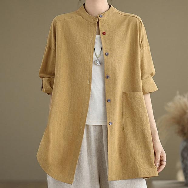 Buddha Stones Commute Casual Pure Color Long Sleeve Women's Cotton Linen Jacket With Pocket - image 5