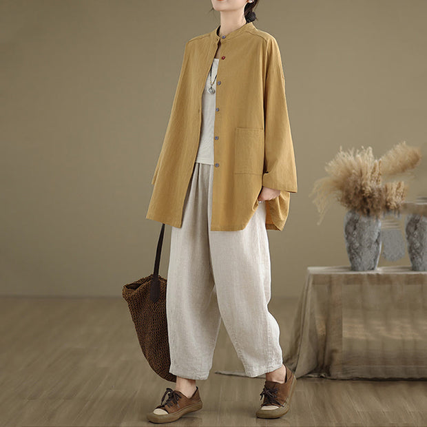 Buddha Stones Commute Casual Pure Color Long Sleeve Women's Cotton Linen Jacket With Pocket - image 6