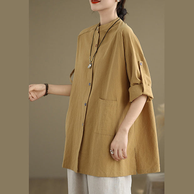 Buddha Stones Commute Casual Pure Color Long Sleeve Women's Cotton Linen Jacket With Pocket - image 2