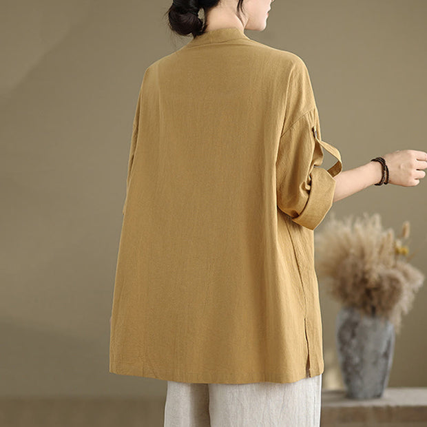 Buddha Stones Commute Casual Pure Color Long Sleeve Women's Cotton Linen Jacket With Pocket - image 3
