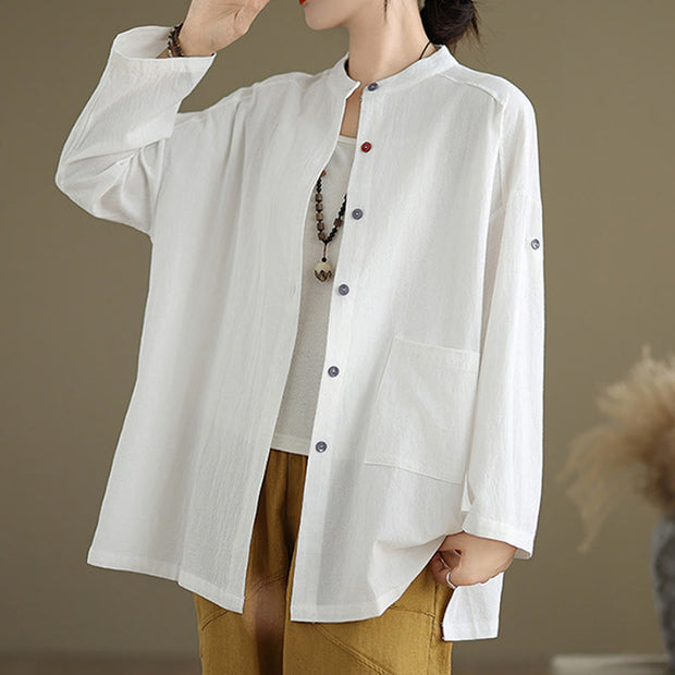 Buddha Stones Commute Casual Pure Color Long Sleeve Women's Cotton Linen Jacket With Pocket - image 14