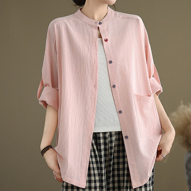 Buddha Stones Commute Casual Pure Color Long Sleeve Women's Cotton Linen Jacket With Pocket - image 18