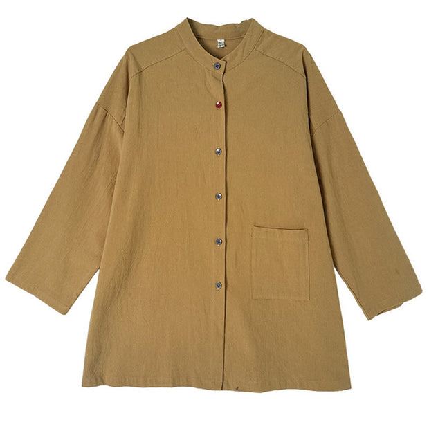 Buddha Stones Commute Casual Pure Color Long Sleeve Women's Cotton Linen Jacket With Pocket - image 11