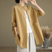 Buddha Stones Commute Casual Pure Color Long Sleeve Women's Cotton Linen Jacket With Pocket - Goldenrod - US14，UK/AU18，EU46 (2XL) - image 1