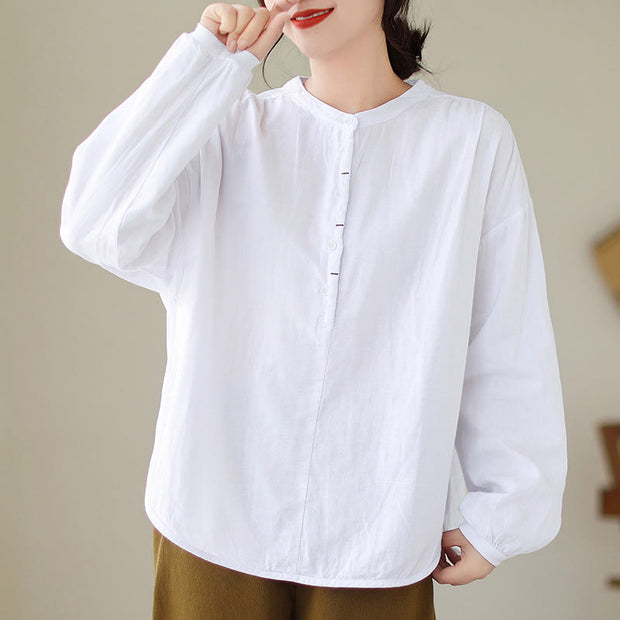 Buddha Stones Commute Spring Plain Half Buttons Simple Design Women's Cotton Linen Shirt - White - US12，UK/AU16，EU44 (2XL) - image 8