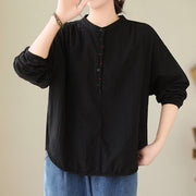 Buddha Stones Commute Spring Plain Half Buttons Simple Design Women's Cotton Linen Shirt - image 3