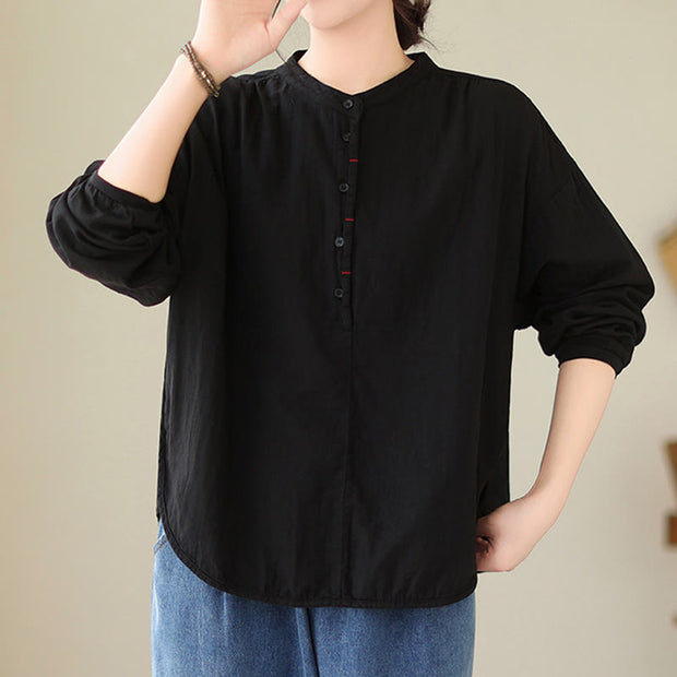 Buddha Stones Commute Spring Plain Half Buttons Simple Design Women's Cotton Linen Shirt - image 3