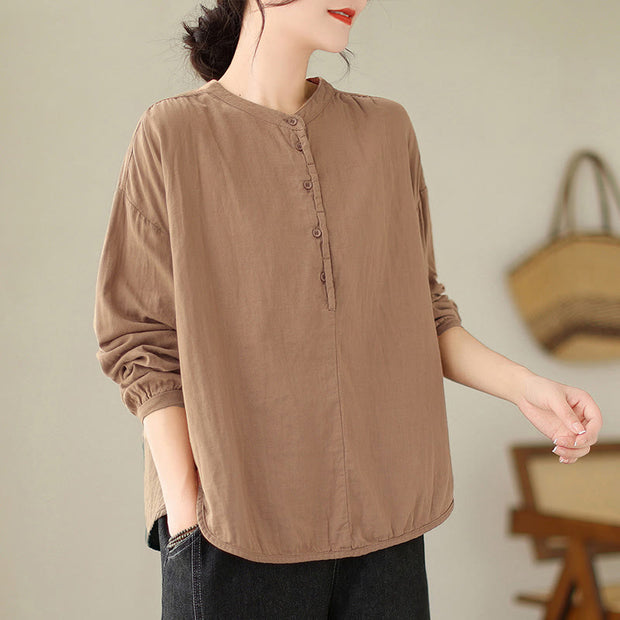 Buddha Stones Commute Spring Plain Half Buttons Simple Design Women's Cotton Linen Shirt - image 13