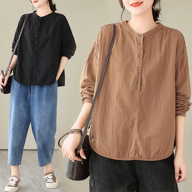 Buddha Stones Commute Spring Plain Half Buttons Simple Design Women's Cotton Linen Shirt - image 22