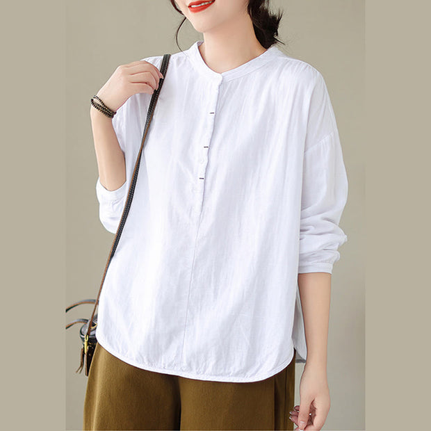 Buddha Stones Commute Spring Plain Half Buttons Simple Design Women's Cotton Linen Shirt - image 10