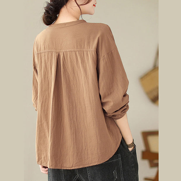 Buddha Stones Commute Spring Plain Half Buttons Simple Design Women's Cotton Linen Shirt - image 15