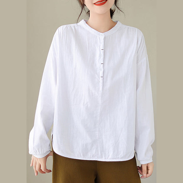 Buddha Stones Commute Spring Plain Half Buttons Simple Design Women's Cotton Linen Shirt - image 9