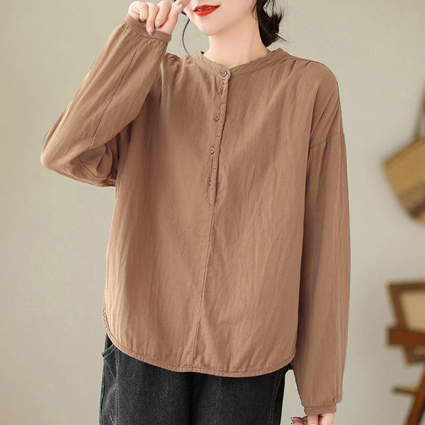 Buddha Stones Commute Spring Plain Half Buttons Simple Design Women's Cotton Linen Shirt - SandyBrown - US12，UK/AU16，EU44 (2XL) - image 12