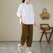 Buddha Stones Commute Spring Plain Half Buttons Simple Design Women's Cotton Linen Shirt - image 11
