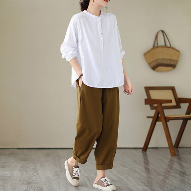 Buddha Stones Commute Spring Plain Half Buttons Simple Design Women's Cotton Linen Shirt - image 11