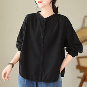 Buddha Stones Commute Spring Plain Half Buttons Simple Design Women's Cotton Linen Shirt - Black - US12，UK/AU16，EU44 (2XL) - image 1