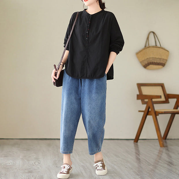 Buddha Stones Commute Spring Plain Half Buttons Simple Design Women's Cotton Linen Shirt - image 6