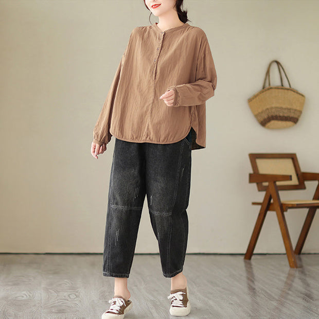 Buddha Stones Commute Spring Plain Half Buttons Simple Design Women's Cotton Linen Shirt - image 17
