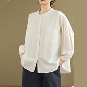 Buddha Stones Commute Plain Half Buttons Accordion Pleats Design Women's Cotton Linen Shirt - image 22