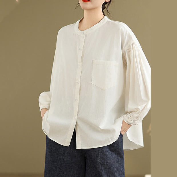 Buddha Stones Commute Plain Half Buttons Accordion Pleats Design Women's Cotton Linen Shirt - image 22