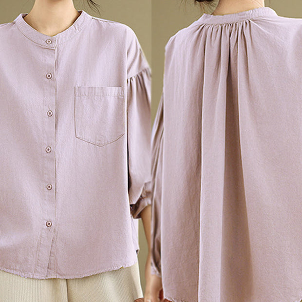Buddha Stones Commute Plain Half Buttons Accordion Pleats Design Women's Cotton Linen Shirt - image 16