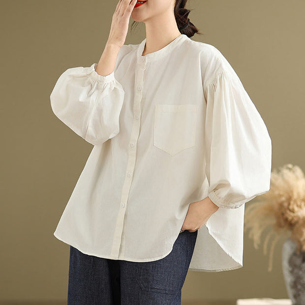 Buddha Stones Commute Plain Half Buttons Accordion Pleats Design Women's Cotton Linen Shirt - Ivory - US8-10，UK/AU12-14，EU40-42 (2XL) - image 18