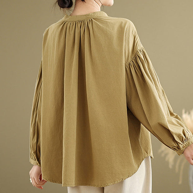 Buddha Stones Commute Plain Half Buttons Accordion Pleats Design Women's Cotton Linen Shirt - image 4