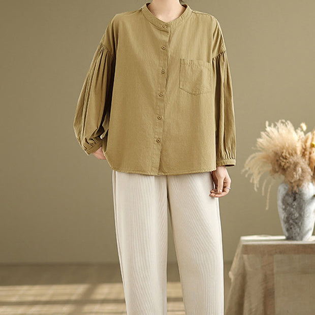 Buddha Stones Commute Plain Half Buttons Accordion Pleats Design Women's Cotton Linen Shirt - image 7