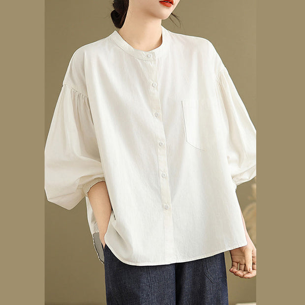 Buddha Stones Commute Plain Half Buttons Accordion Pleats Design Women's Cotton Linen Shirt - image 23