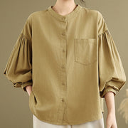 Buddha Stones Commute Plain Half Buttons Accordion Pleats Design Women's Cotton Linen Shirt - image 3
