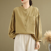 Buddha Stones Commute Plain Half Buttons Accordion Pleats Design Women's Cotton Linen Shirt - image 6