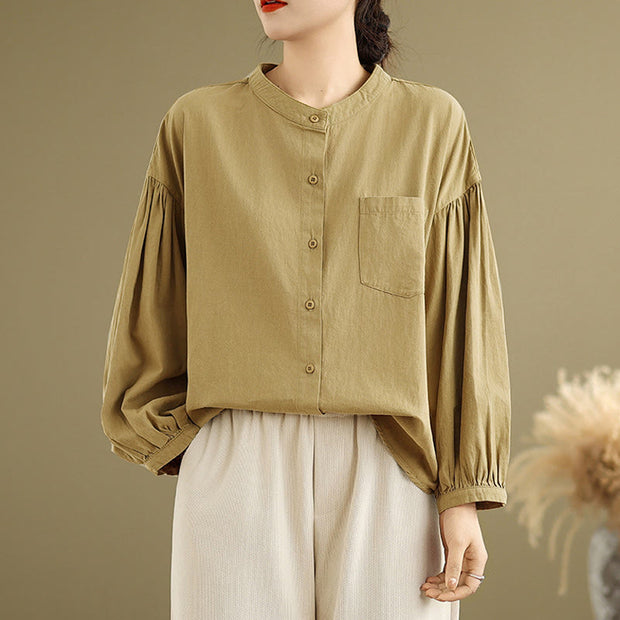 Buddha Stones Commute Plain Half Buttons Accordion Pleats Design Women's Cotton Linen Shirt - image 6